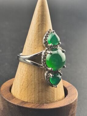 Vintage DK 925 Sterling Silver Green Cabochon Cocktail Ring Size 8.75 China 6.2g